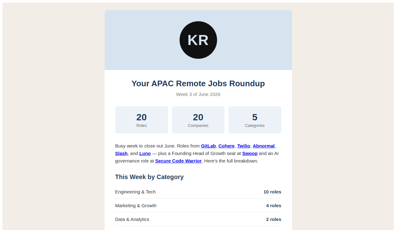 20 hand-picked remote roles across 5 categories, hiring in APAC